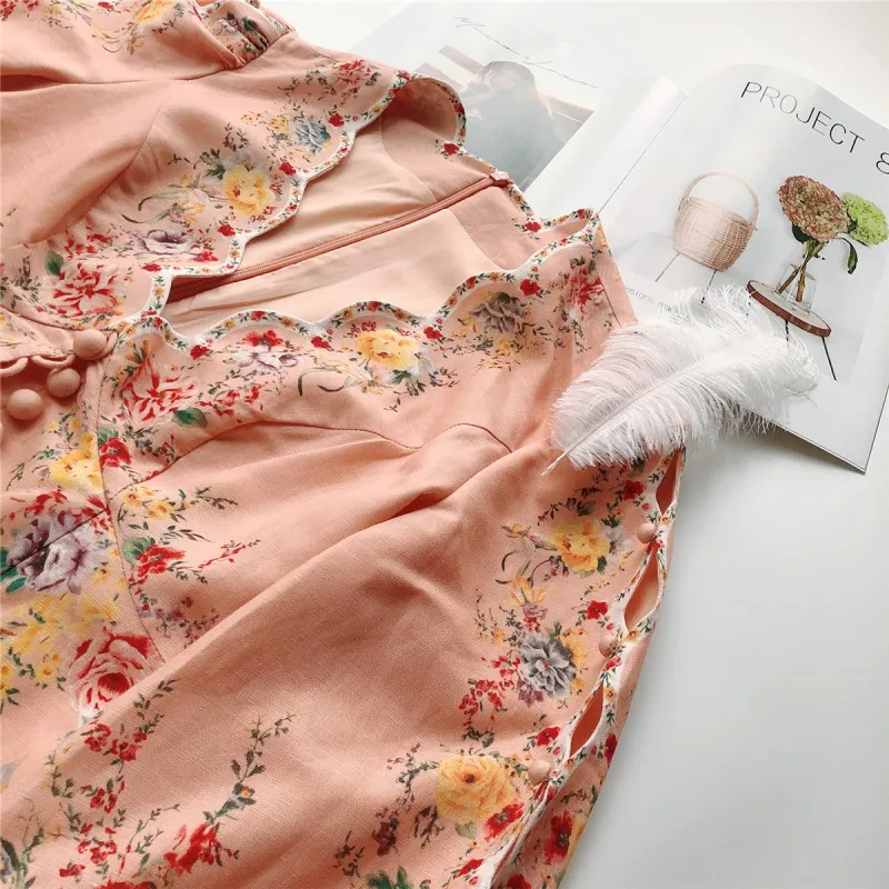 

Bohemian Summer Women Sexy V-Neck Short Dress 2021 Vintage Floral Printed Single Breasted Puff SLeeve Female Cotton A-Line Dress
