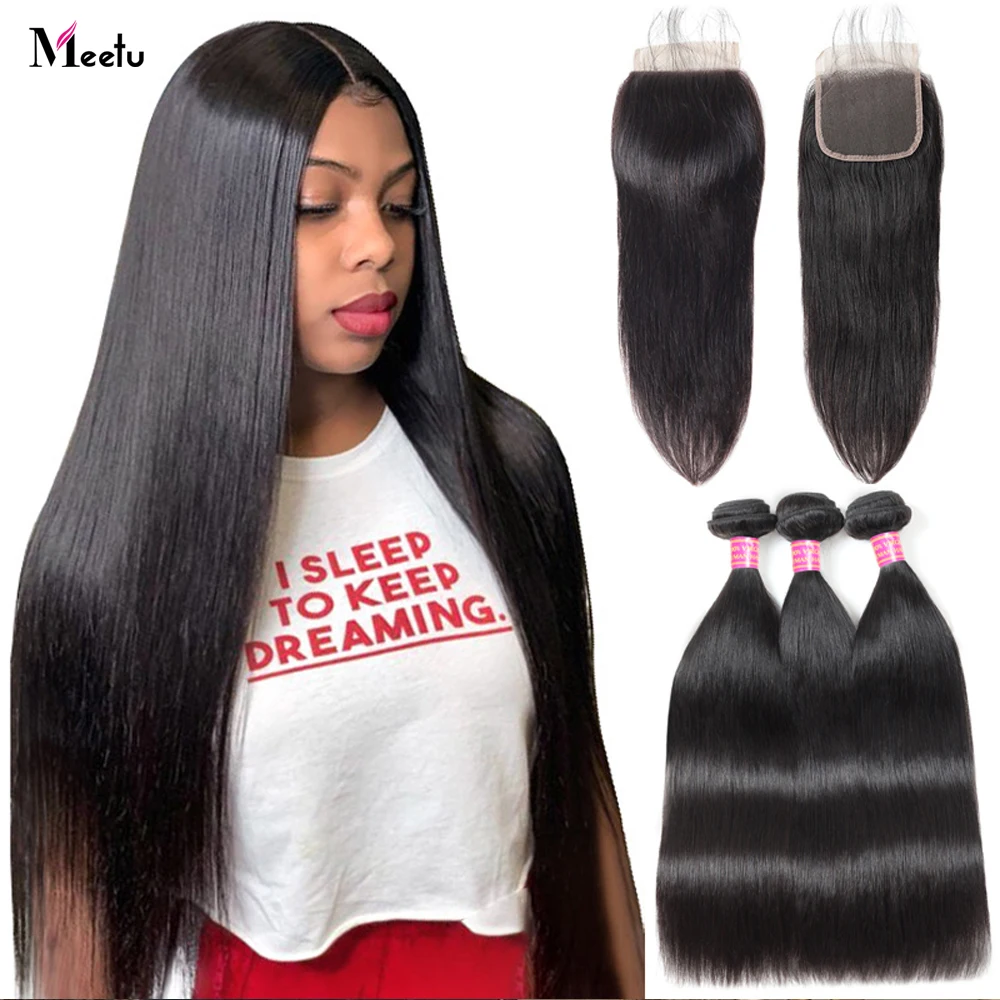 Индийские прямые пучки волос с закрытием прозрачное закрытие пряди Meetu не Реми
