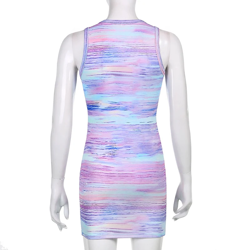 

Tie Dye Print Y2K Aesthetics Mini Dress For Women Casual Fitness O-Neck Ladies Bodycon Dresses 2021 Summer Beachwear