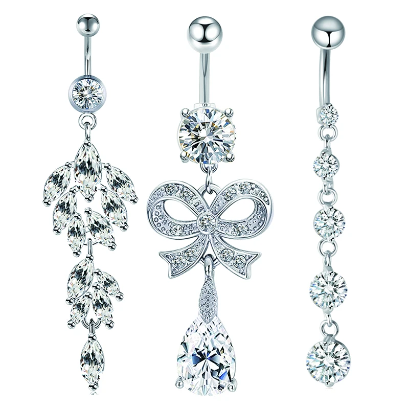 JUNLOWPY Wholesales women belly button rings 14g navel piercing mix 3 style factory sales belly navel bar pandent zircon