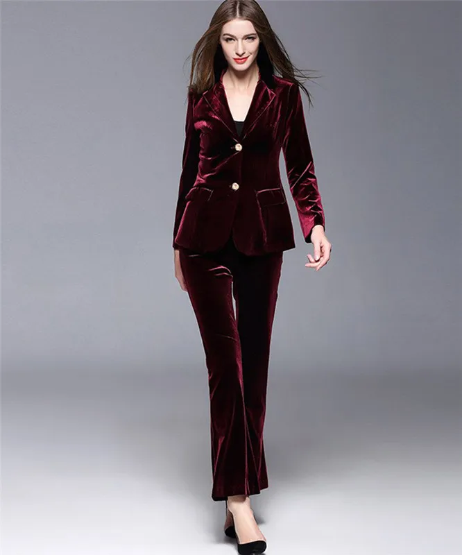 Burgundy Velvet Women Suits Blazer  Jacket+Pants Formal Ladies Pant Suits Office Uniform Style Female Trouser PantSuit