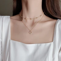 korea exquisite gold color love pendant double chain necklace for women zircon hollow heart charm long chain choker necklace