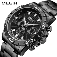 megir fashion mens watches black stainless steel top brand luxury luminous sports watch men date male clock relogio masculino