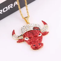 hip hop red rhinestones paved iced big bull head pendants punk necklace for men jewelry chain