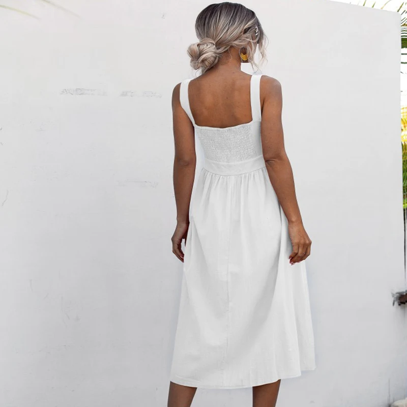 

Sexy Women Square Collar Midi Long Dress Summer Sleeveless Ruched Slip Sundresses Ladies Solid Pleated Spaghetti Strap Clothes