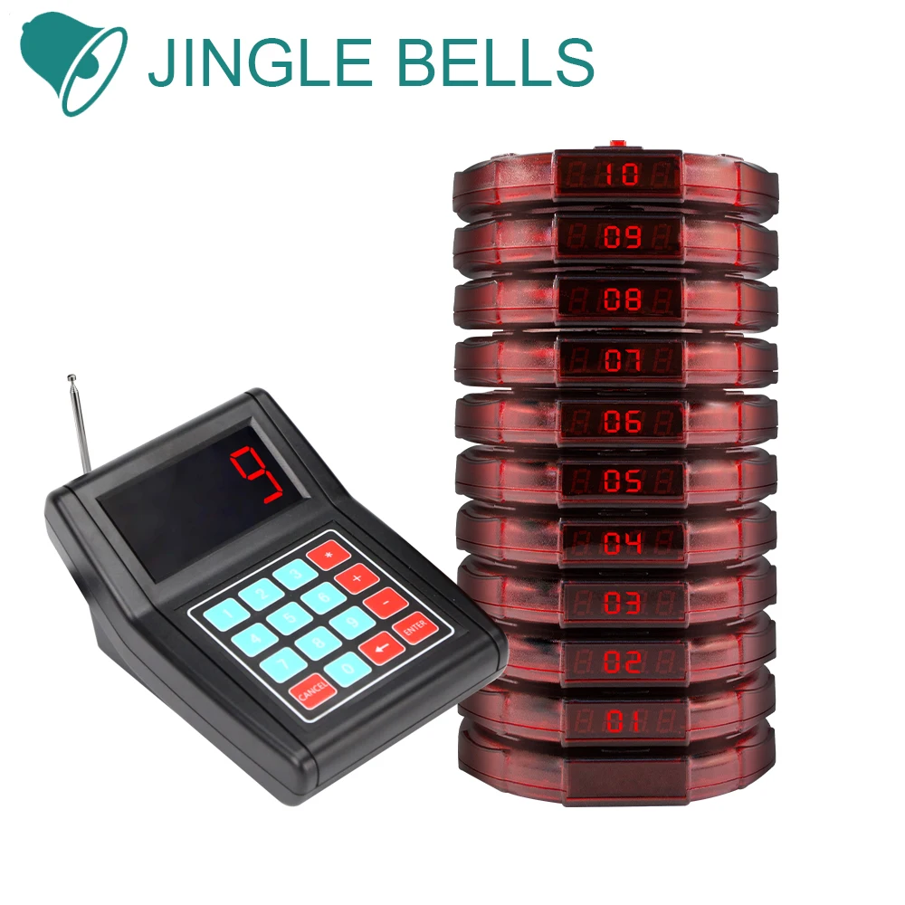 JINGLE BELLS Wireless Restaurant Waiter Coaster Paging System 1 Keyboard 10 Pagers 1 Charger Calling Queueing Service Buzzer
