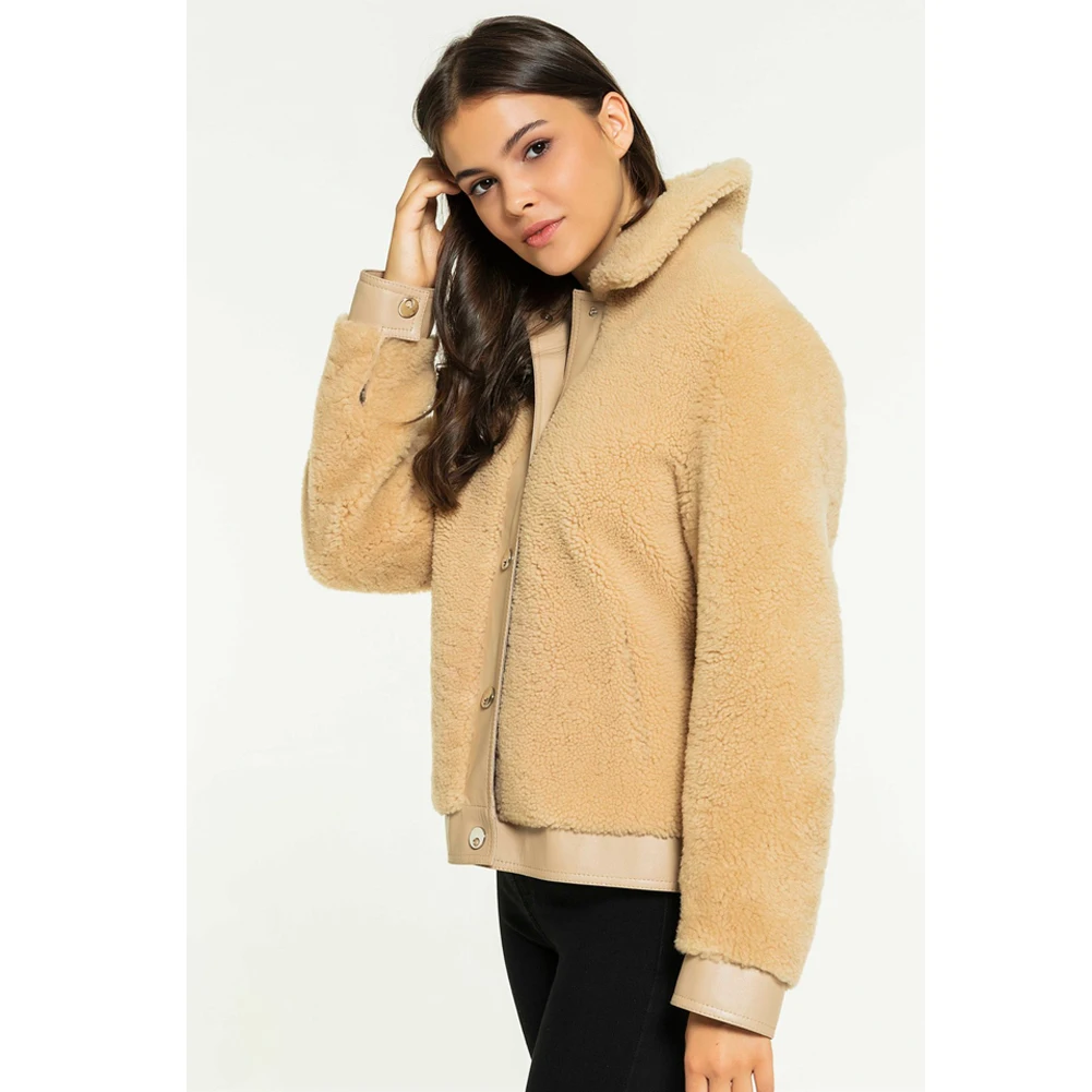Womens Beige Shearling Jacket Turkey Fur Jacket College Wool Coat Short Leather Jacket Womens Coats