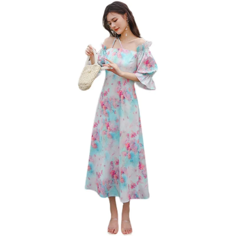 

COIGARSAM Beach French Style Women Long dress Spring Puff Sleeve Spaghetti Strap Dresses Shading Design And 8263