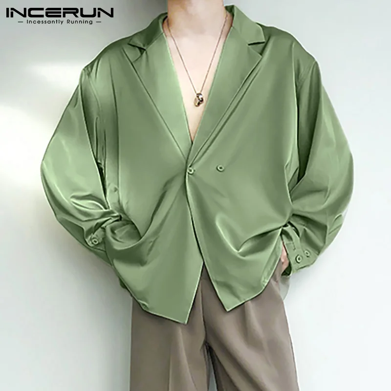 

INCERUN 2022 Fashion Men Shirt Solid Color Turn Down Collar Streetwear Long Sleeve Button Men Clothing Loose Casual Camisa S-5XL