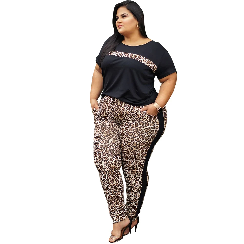 

Plus Size L-5XL Women Leopard Print Two Piece Set Tracksuits Soft Short Sleeve O Neck Casual Jogger High Waist With Pockets D30
