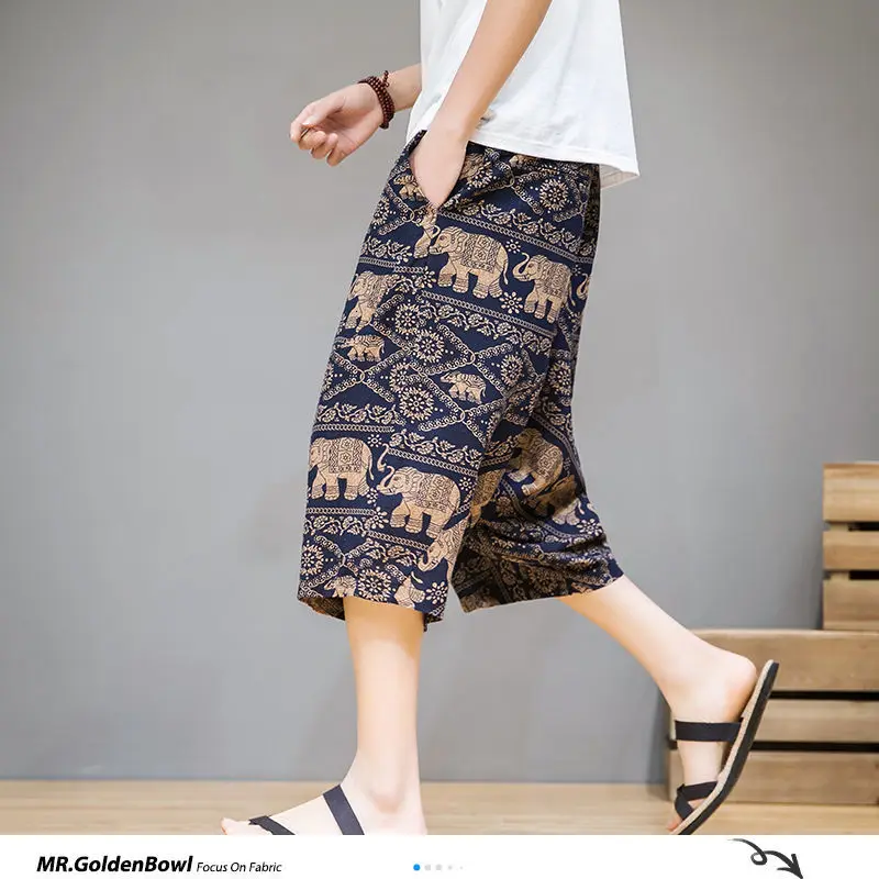 

MrGoldenBowl Man Chinese Style Linen Straight Pants Mans Vintage Printed 2020 Pants Male Large Size Embroidery Summer Loose Pant