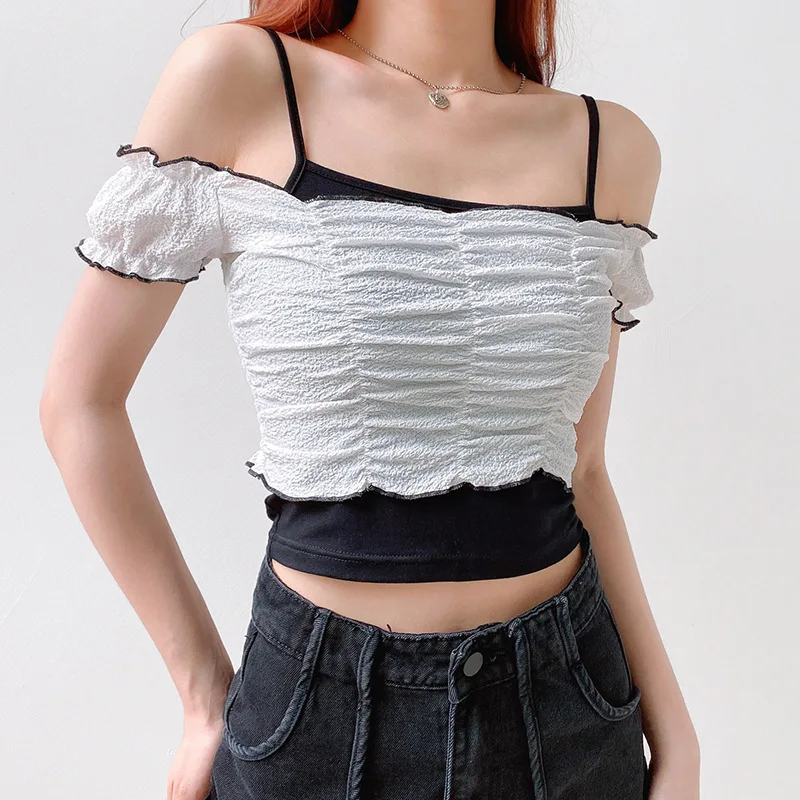 

European and American Street Shooting Personality Two-piece Contrast Color Shoulder Short-sleeved T-shirt Female Summer Summer