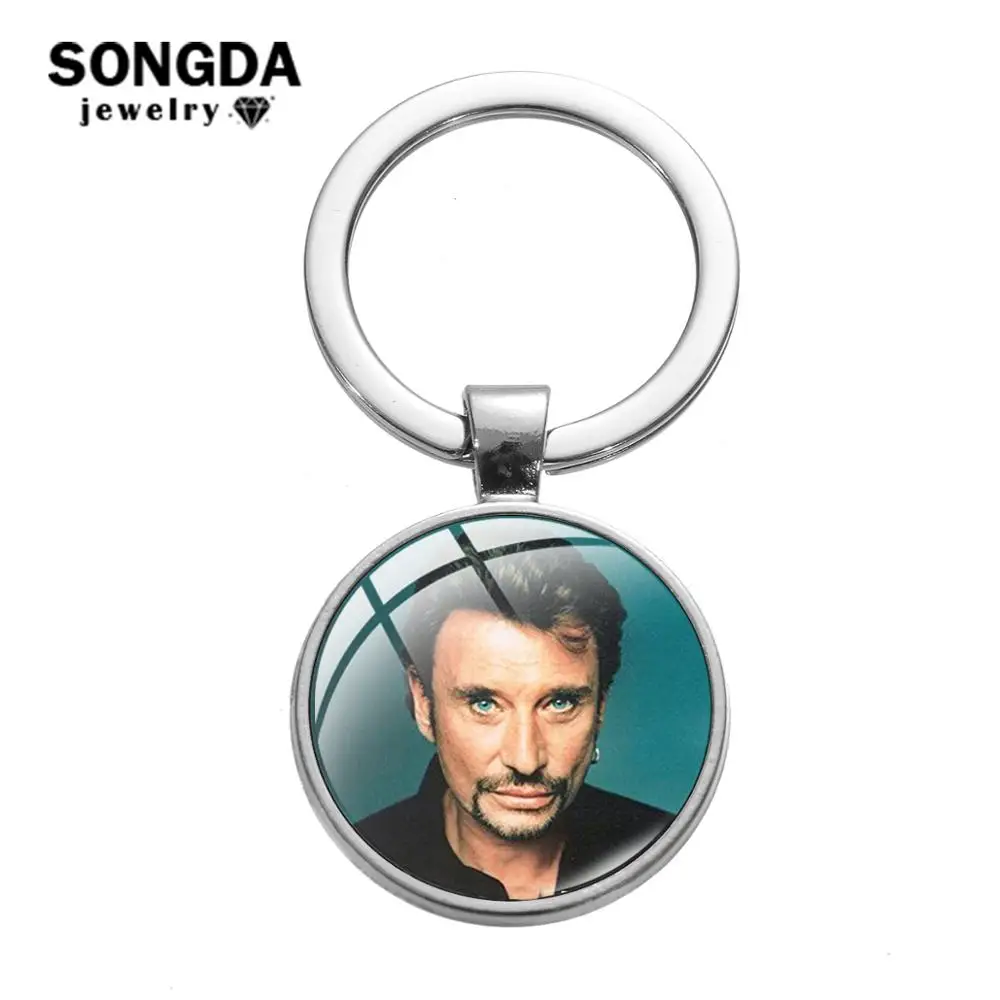

SONGDA Johnny Hallyday Souvenir Keychain Punk Rock Musician Key Chain Handmade Glass Art Photo Pendant Key Ring Music Fans Gift