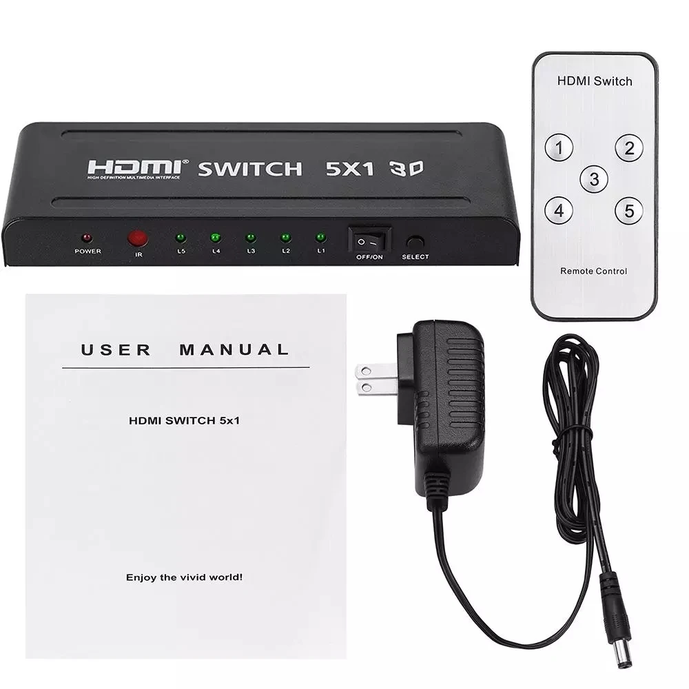 

5 Port HDMI Switch 5x1 3D 1080p 4k Selector Splitter Hub with IR Remote Controller for HDTV DVD BOX HDMI Switcher 5 In 1 Out