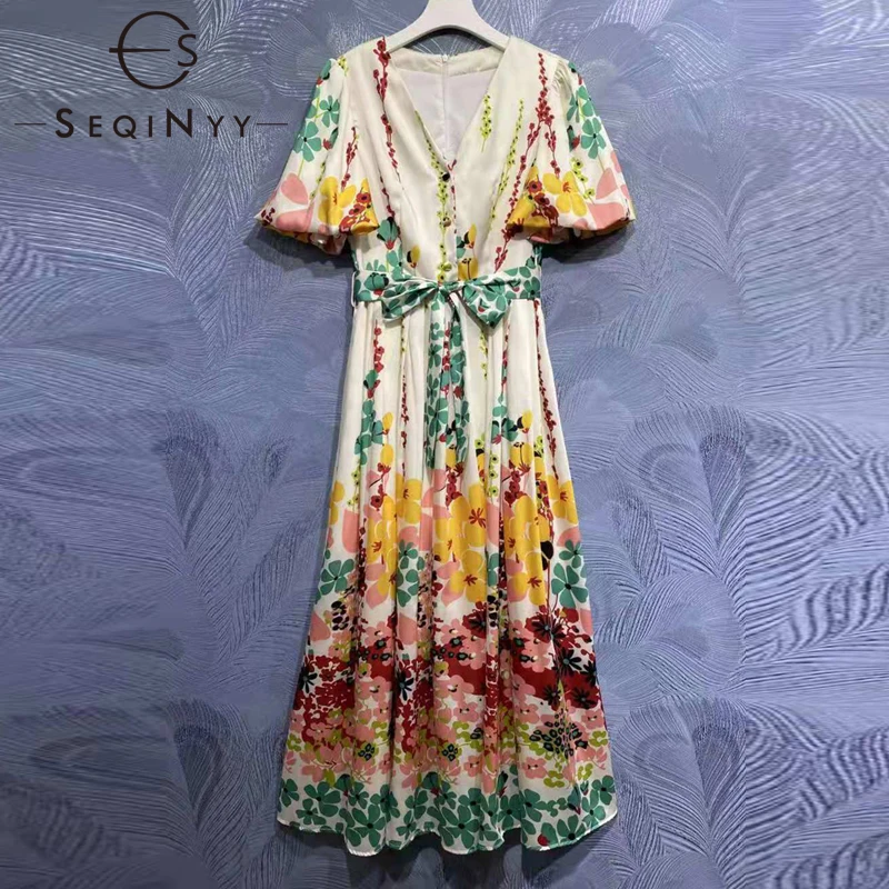 

Женское платье средней длины SEQINYY, элегантное модельное платье с цветочным принтом и рукавами-фонариками для вечерние, лето-весна