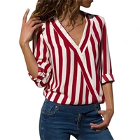 women clothes commute loose top and blouse stripe print v neck long sleeve office lady vintage casual street shirts female
