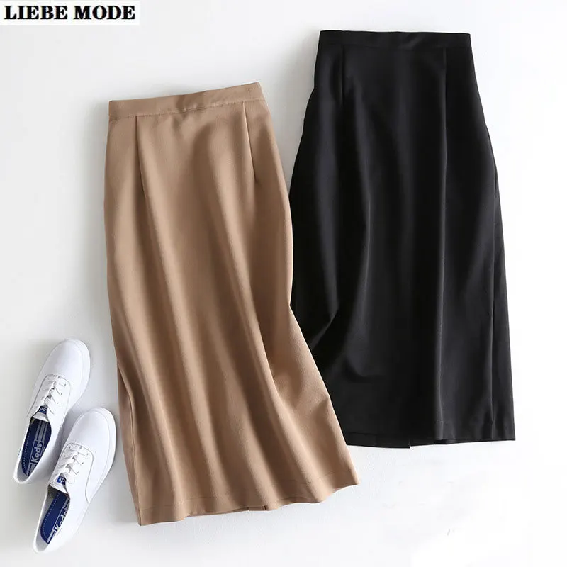 

2021 Spring Autumn Women Solid Black Khaki Casual Skirt Elastic High Waist Office Ladies A Line Split Long Korean Skirts Womens