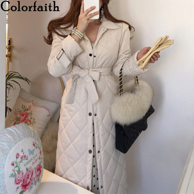 

Colorfaith New 2021 Autumn Winter Women Jacket Pockets Puffer Parkas High-Quality Oversize Elegant Lady Lace Up Long Coat CO9076