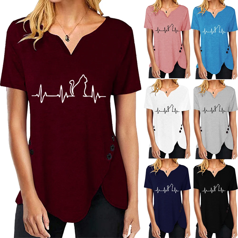 

2021 T Shirt Summer New Irregular V Neck Print T-Shirts Fashion Loose Pullover Tops Casual Women Short Sleeves Streetwear