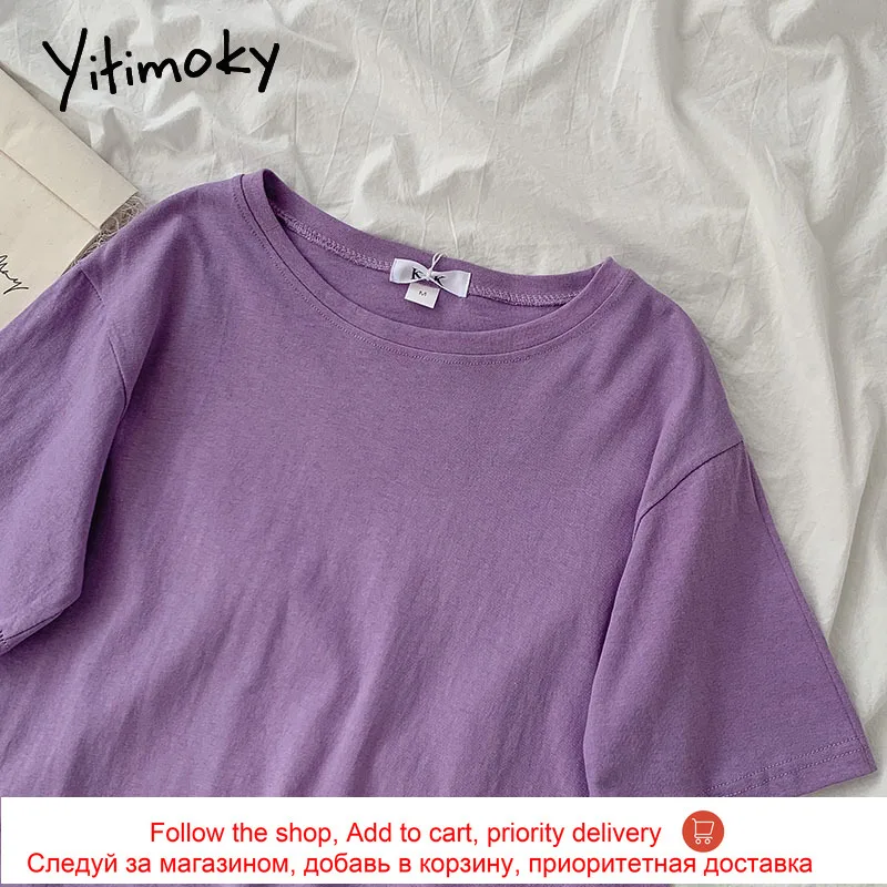 

Yitimoky Cotton Short Sleeve T Shirts Women Shirt 2021 Summer New Office Lady Tops Solid O-Neck Loose Tees Korean Tees Pullover