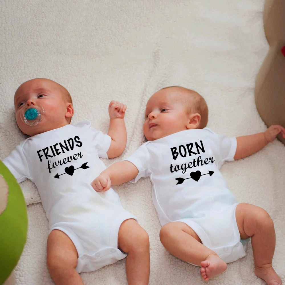 

Friends Forever and Born Forever Twins Girl Boy Clothes Romper Toddlers Infant Unisex Short Sleeve Clothes Jumpsuit For Newborns