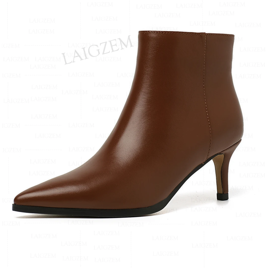 LAIGZEM Women Ankle Boots Genuine LEATHER 6CM Mid Heels Booties Pointed Toe Side Zip Up Ladies Shoes Woman Big Size 38 42 43