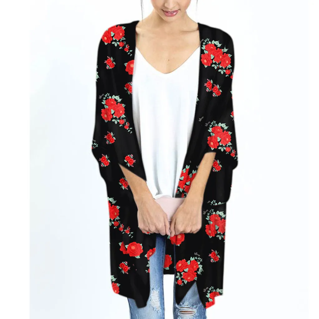 Женское шифоновое кимоно с цветочным принтом пляжный кардиган прозрачная
