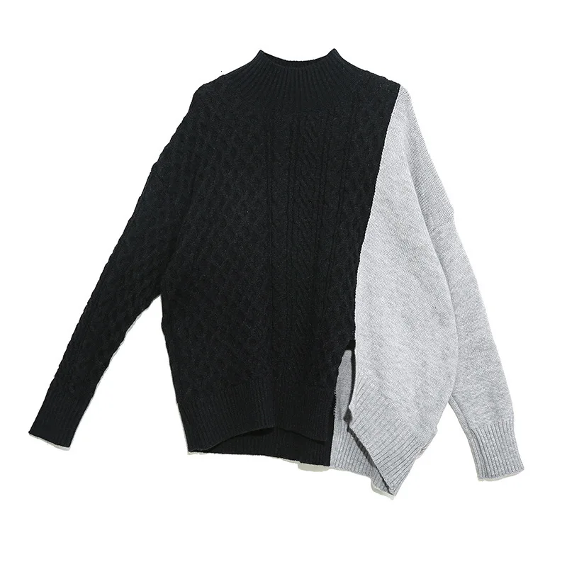 LANMREM 2020 Winter New Stitching Contrast Color Pullover Sweater Turtleneck Knitting Irregular Bat styles Female PC059 | Женская одежда