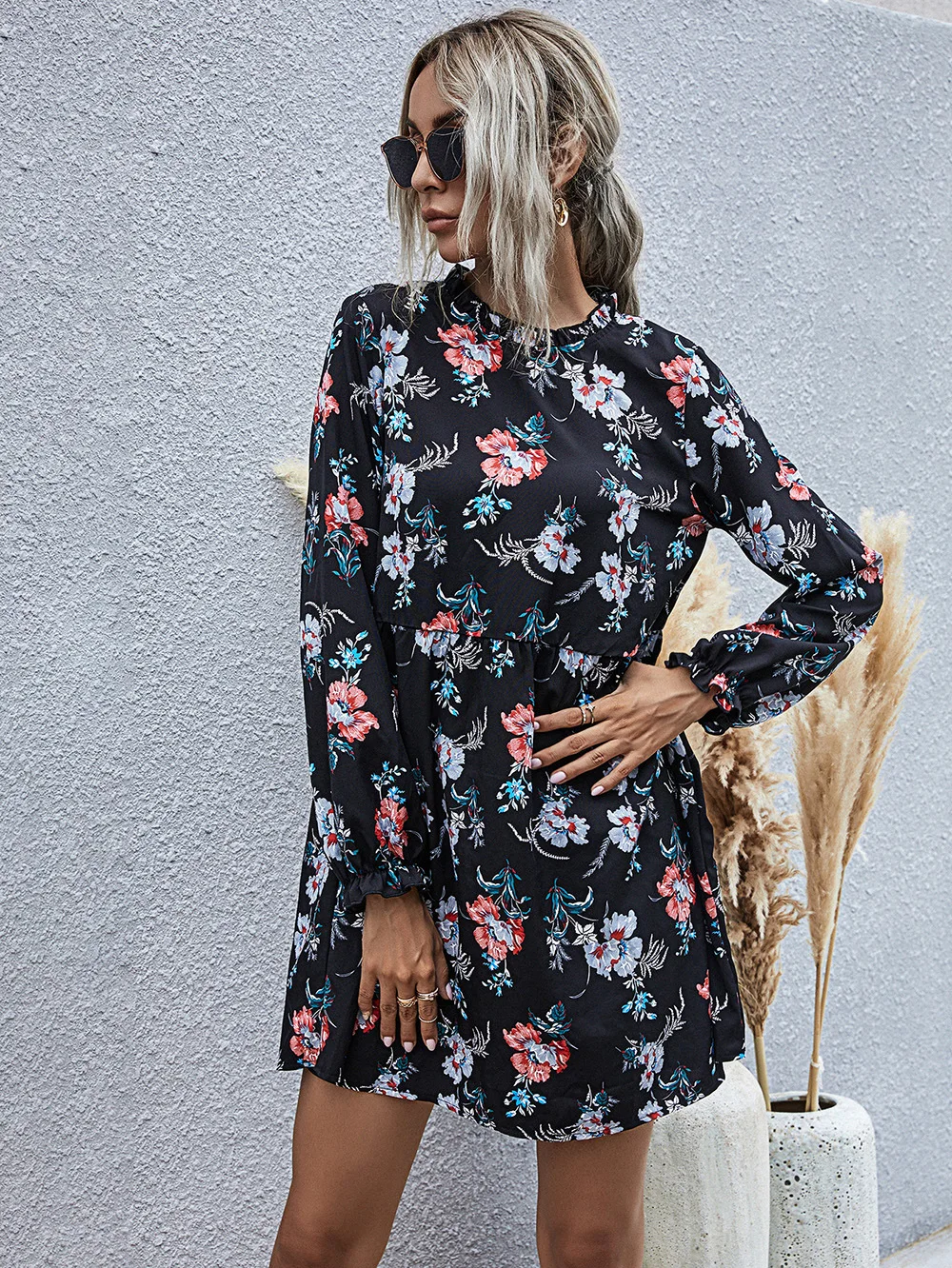 

2021 New Autumn Spring Fashion Floral Dress Women Casual Full Sleeve High Waist Loose Print Dress
