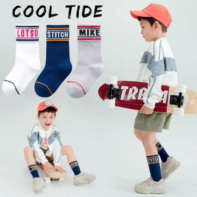 

3Pairs Kids Cute Socks High Quality Cotton Baby Boys Mid-tube Hip Hop Cool Tide Sports Pattern for Spring Student Socks