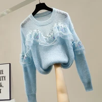 fashion womens sweater heavy industry sequined diamond stitching lace lotus leaf mesh hollow sweaters lady jumper pullovers