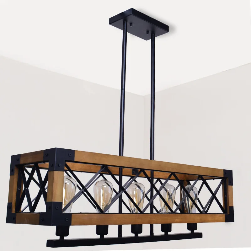 Американская прямоугольная деревянная люстра в стиле ретро креативный фонарь