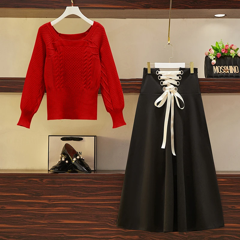

Korea Fashion New Winter Pullover Sweater Long Black Skirts Two Pcs Clothing Set Leisure Suits Lady Vogue Knitwear Sweet Style