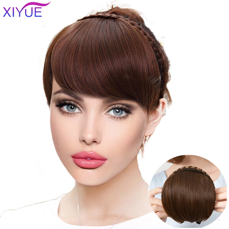 Synthetic Fake Bangs Hair Neat Fringe Bands With Double Row Braids Headband Heat Resistant Bangs in Hair Extensions Hairpieces