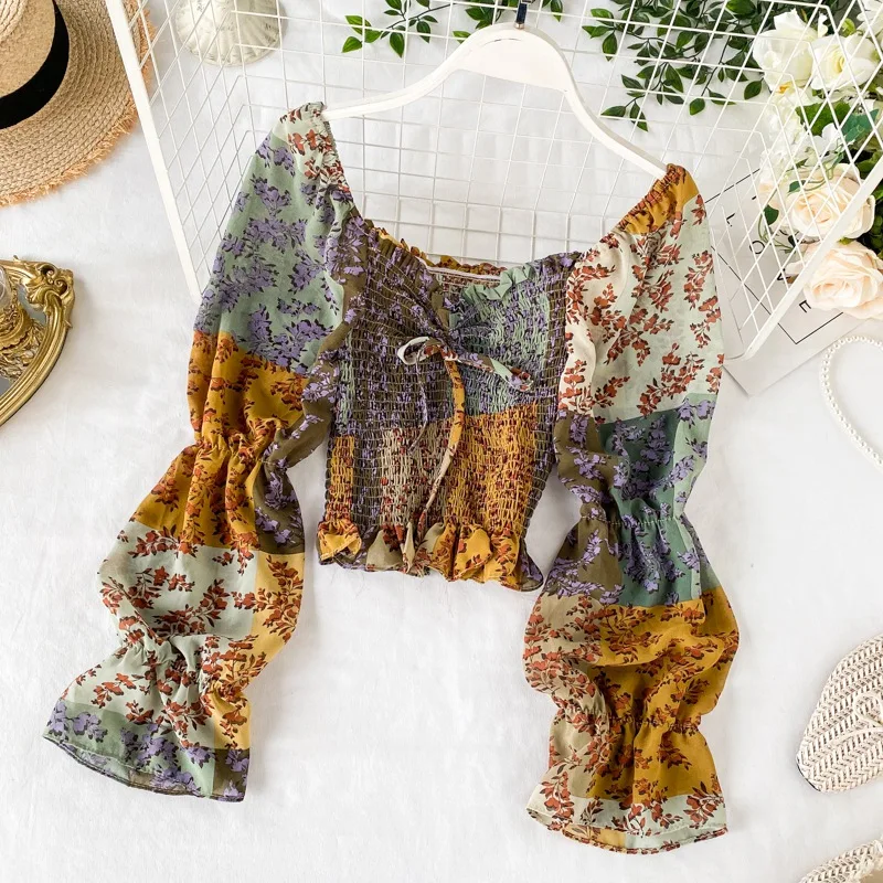 

Women's Floral Print Patchwork Square Collar Sexy Navel Exposed Long Sleeve Chiffon Shirt Blouse