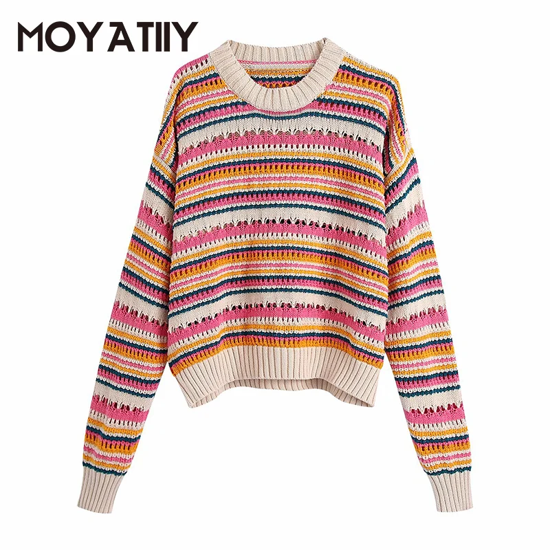 

Модный женский свитер MOYATIIY на весну и осень 2021, пуловер с цветочным принтом и вырезами, свитеры, вязаные женские топы