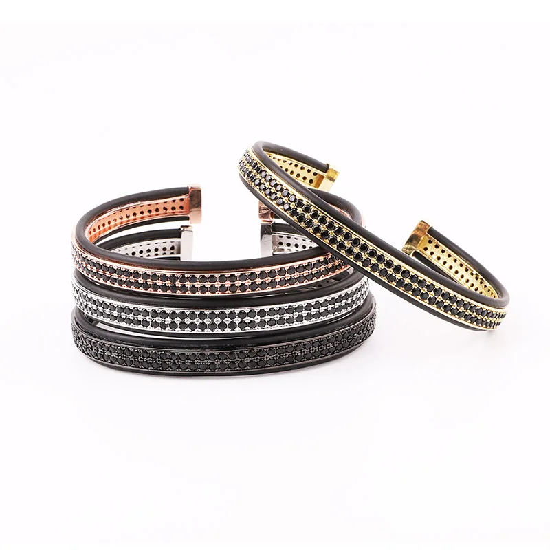 

High Quality Luxury Bracelet Black Cubic Zircon Real Gold Plated Cuff Bangle Bracelet For Men