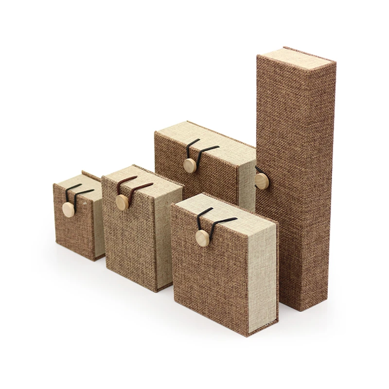 Wooden Buckle Design Linen Jewelry Ring Pendant Bracelet Long Chain Box With Built-in Plush Card Slot Dimensional Colored Paper