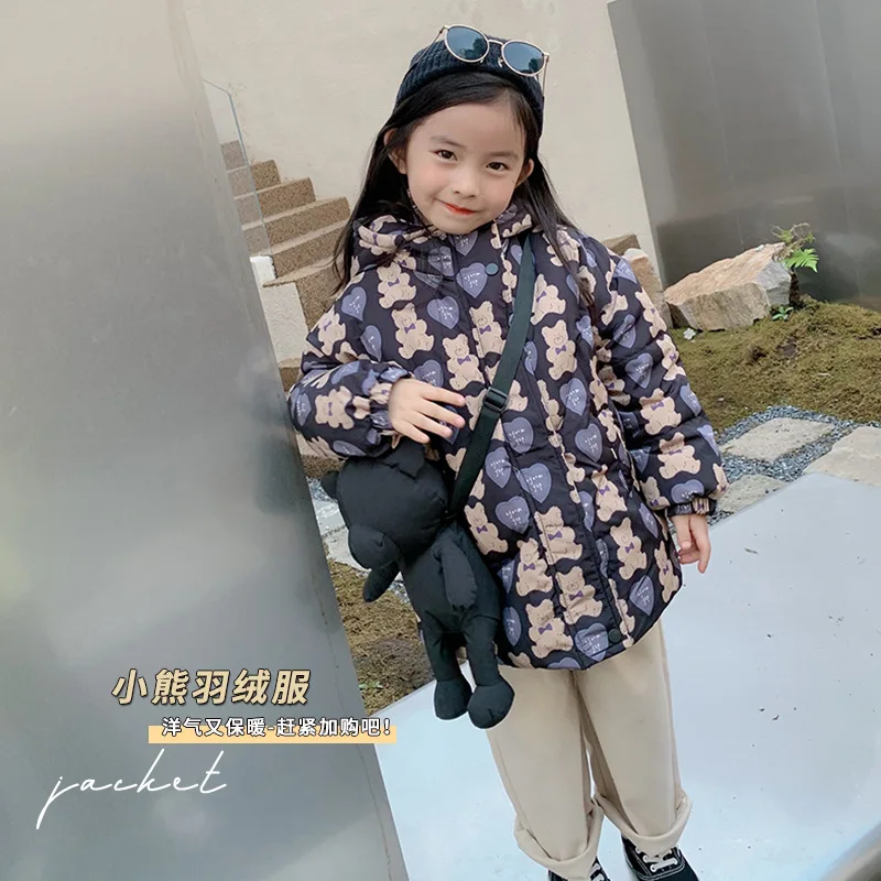 

MILA CHOU 2021 Winter Children's Cartoon Bear Hooded Down Jacket Baby Girls Thick Warm White Duck Down Coat Top Kids Clothes 2-8