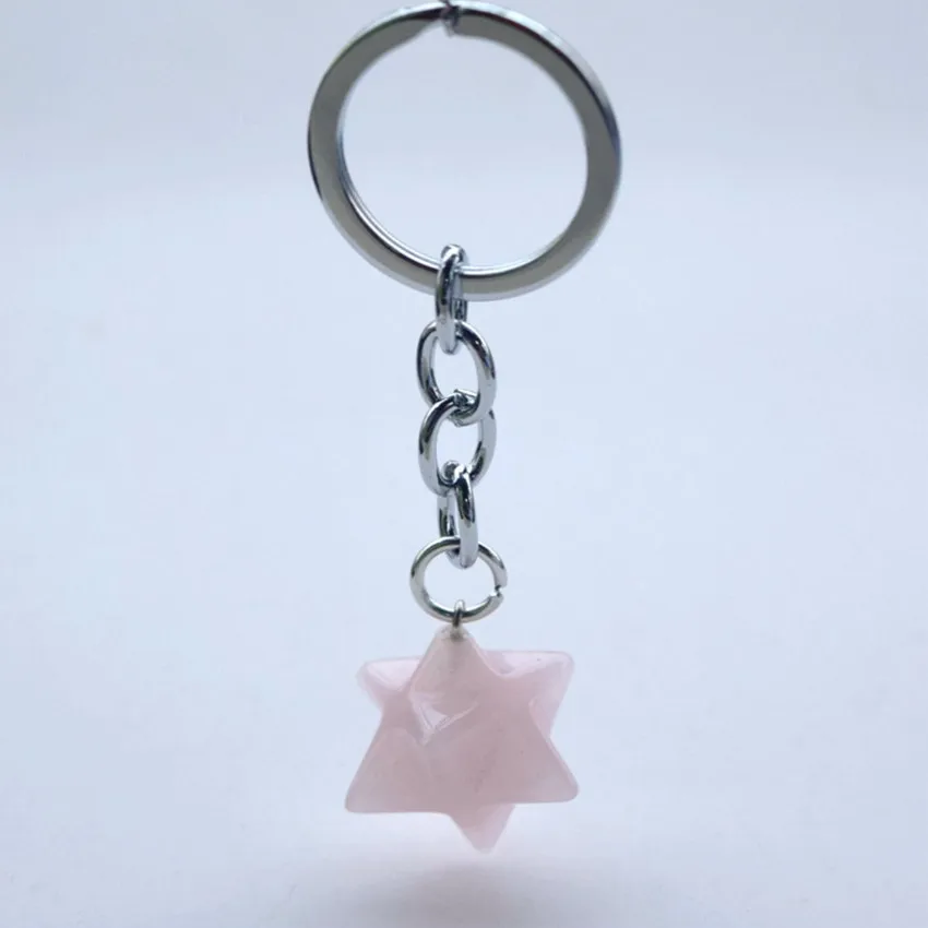 

Silver Plated Circle Rose Pink Quartz Key Chain Tiger Eye Stone Star Point Merkaba Symbol Spiritual Jewelry