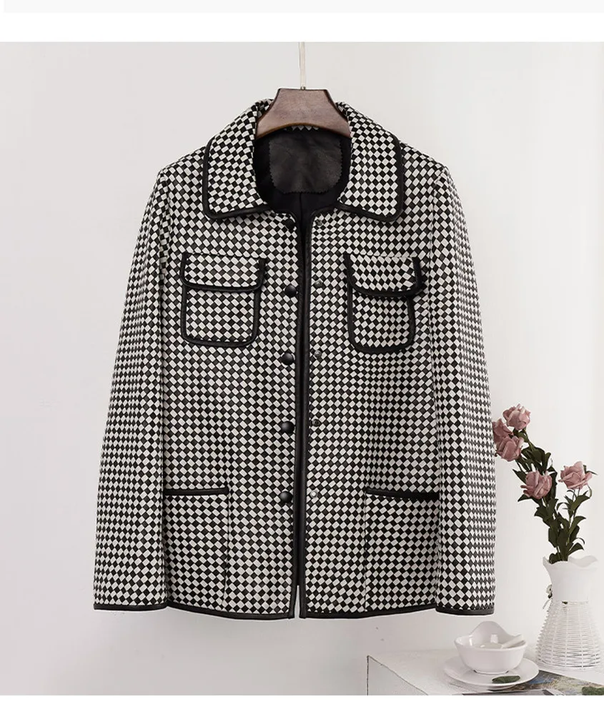 Autumn Korean Style Women's High Quality Black White Plaid Kintted Genuine Leather Jackets C251