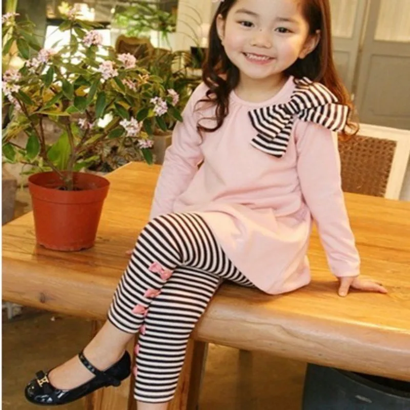 

Clothes Set Outfits 3-8 Year Kids Girls Bow Striped Leggings Suit Long Sleeve Shirts Tops