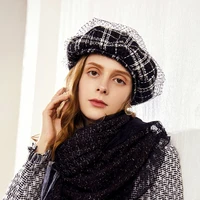 h7674 lady beret hat autumn winter classic black white lattice elegant berets cap women high quality fashion mesh vintage hats