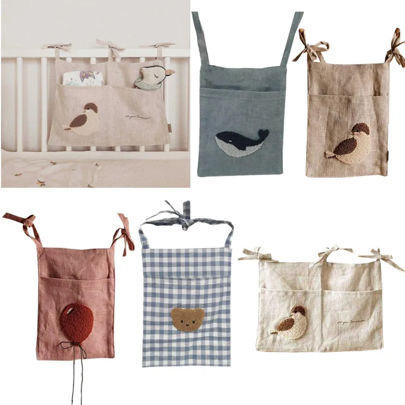 Cotton Linen Baby Bed Hanging Storage Bag Newborn Crib Bedside Toys Organizer Nursery Diaper Bag Nappy Pouch for Baby Bedding