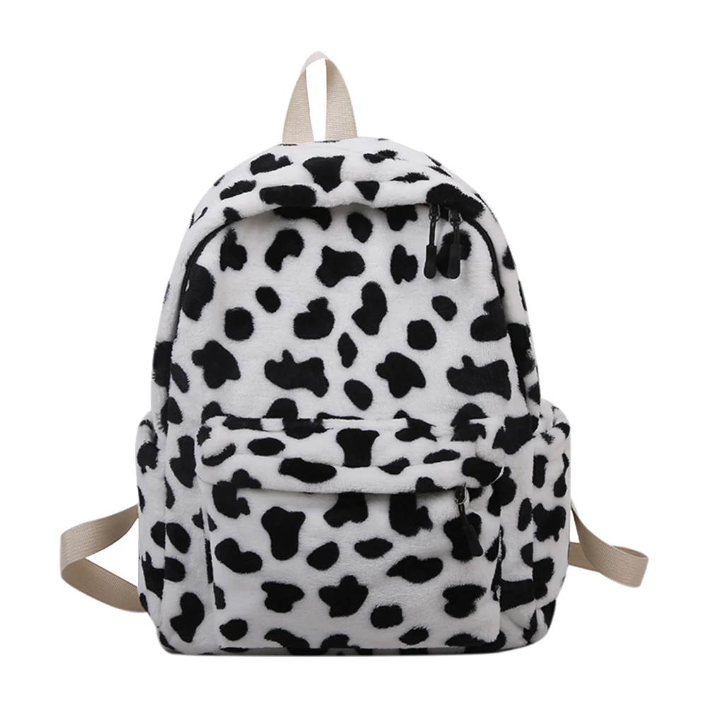 

Women's Bag Retro Printing Plush Backpack School Shoulder Bag Animal Cow Pattern Travel Rucksack Lady Student Girl Backpack