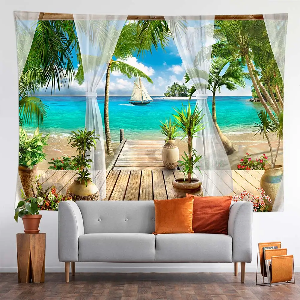 

Beautiful Scenery Tapestry Outside The Window Beach Grass Castle Wall Hanging Tapestries Boho Wall Photography Background