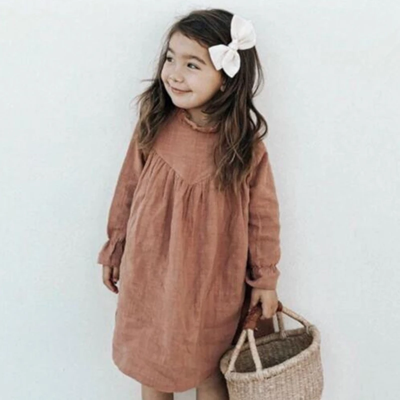 

2020 Spring Toddler Baby Girl Long Sleeve Clothes Baby Girls Casual Dress Floral Collar Linen Cotton Dresses Children Clothing