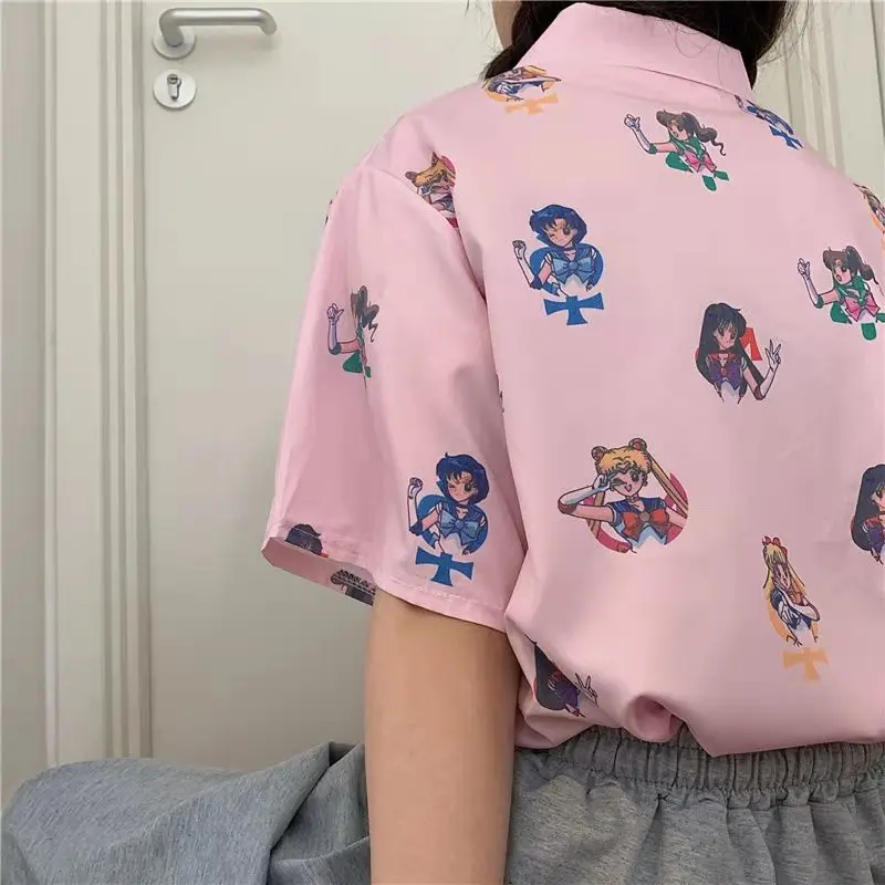 Розовые рубашки с коротким рукавом в стиле аниме Сейлор Мун футболка Харадзюку