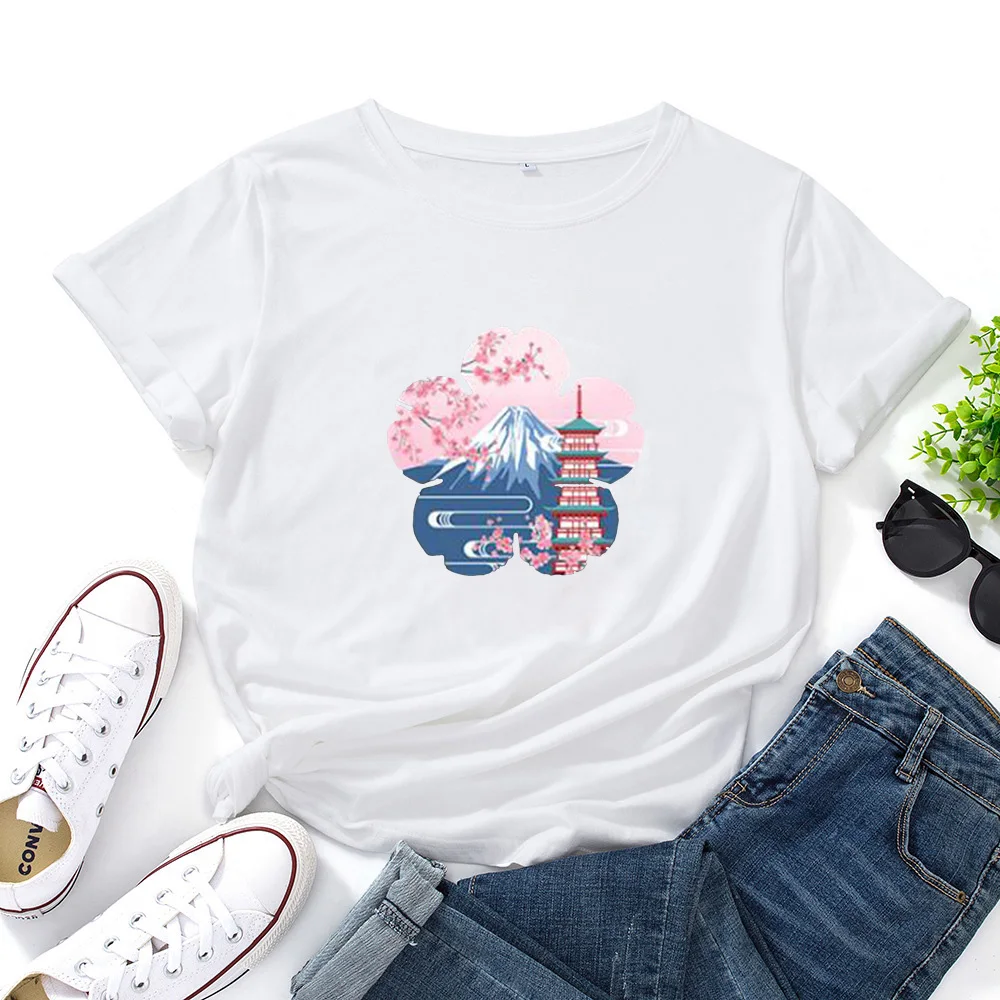 

Футболка женская с принтом японских цветов вишни, модная повседневная хлопковая рубашка с круглым вырезом, уличная одежда