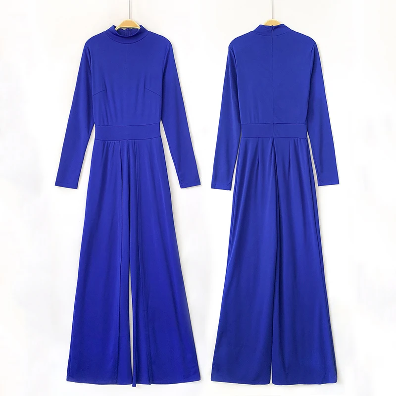 

Autumn Winter Long Sleeve Women Jumpsuit Sexy Solid Wide Leg Bodycon Rompers Vintage Elegant Lady Half-high Collar Overalls